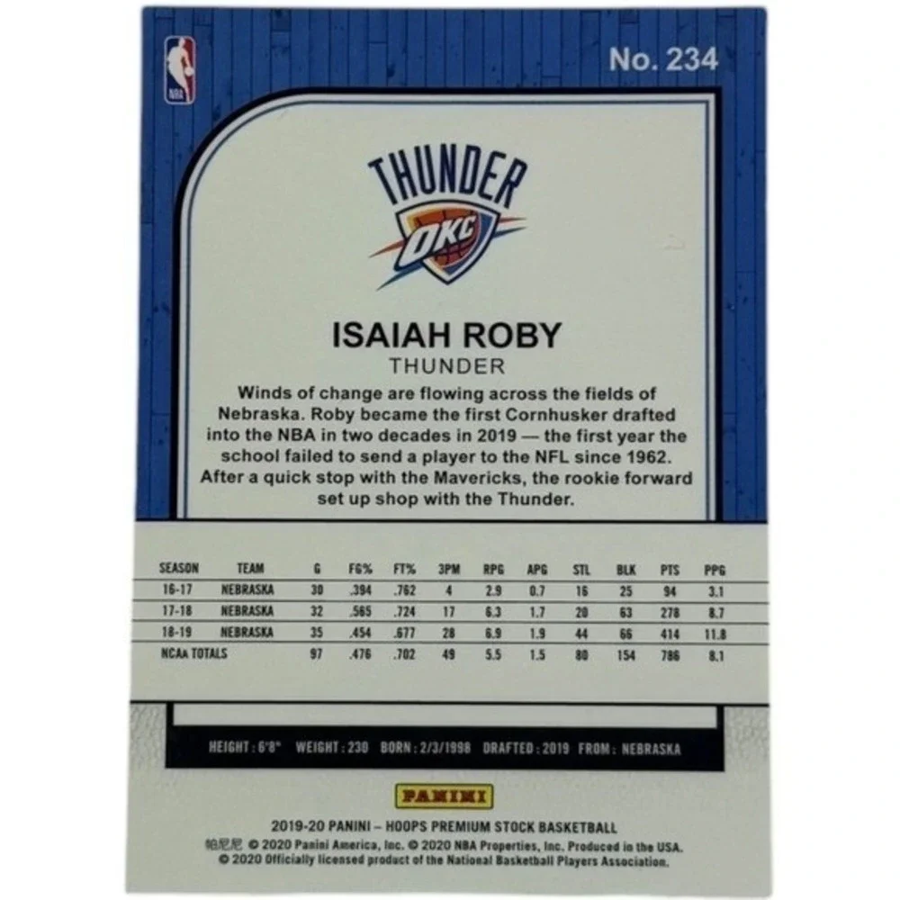 2019 2020 Panini Hoops Isaiah Roby Rookie Premium Stock Card 234‎ Oklahoma City